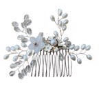 Hårkam: Smuk hårkam hvid/sølv med perler, blomster og sten